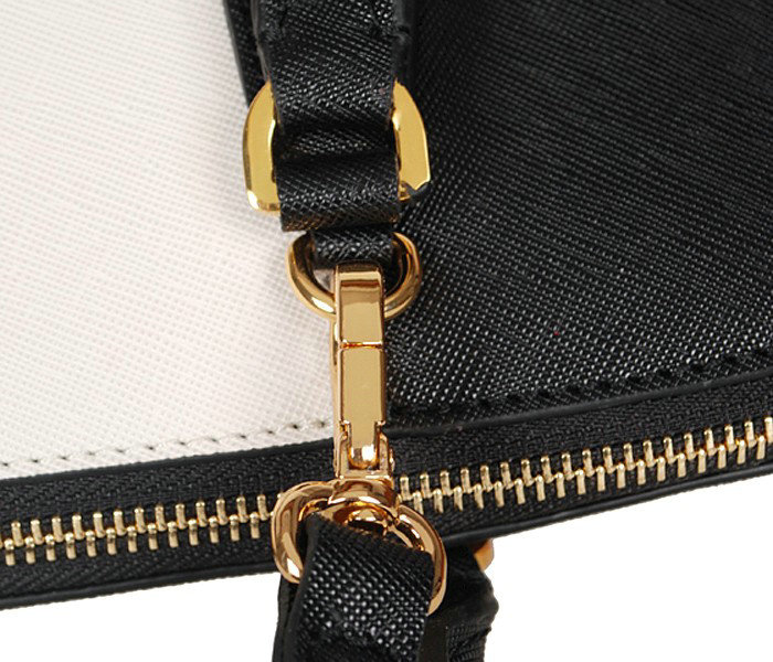 2014 Prada Saffiano Calf Leather Two Handle Bag BL0837 black&white - Click Image to Close